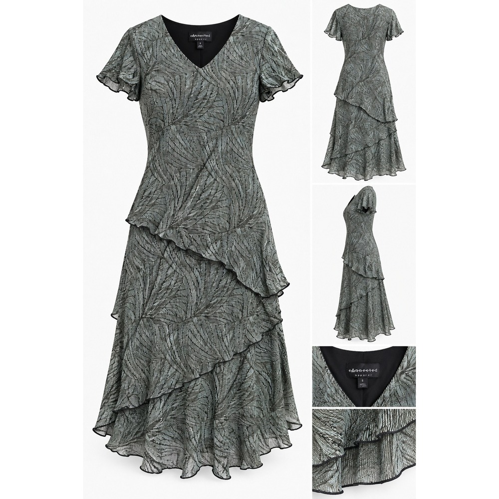 Connected Apparel Y2K Metallic Sage Tiered Ruffle Midi Dress Size 8 Fairy Witchy